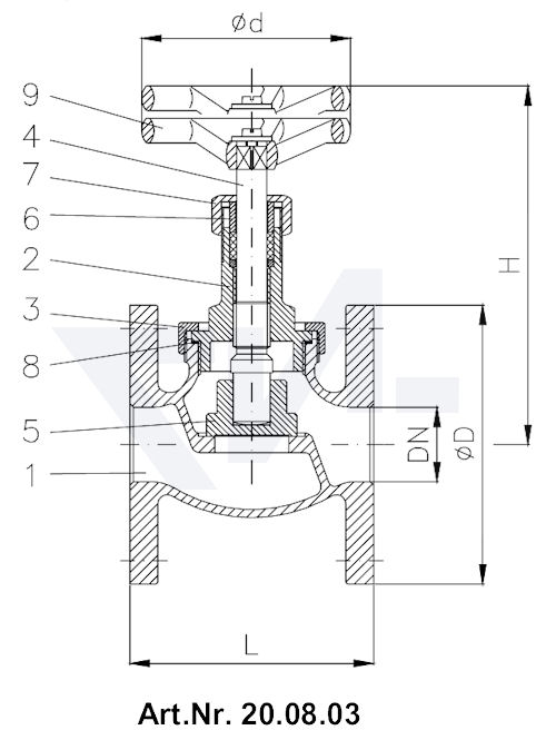 Фланцевый невозвратно-запорный клапан с резьбовой крышкой PN16 с контргайкой тип 20.08.03 / 20.08.04