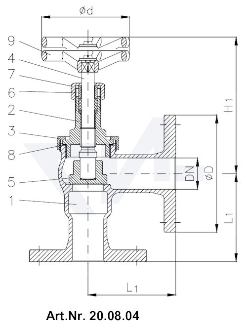 Фланцевый невозвратно-запорный клапан с резьбовой крышкой PN16 с контргайкой тип 20.08.03 / 20.08.04
