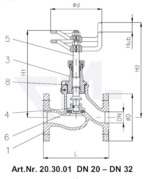Клапан запорный фланцевый проходной VG 85033 тип 20.30.01 / 20.30.02