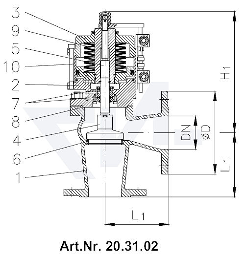 Клапан пневматический фланцевый, с закрытием пружиной, длина в соответствии с DIN, GGG 40.3/нерж. сталь с аварийным управлением и 2 индикаторами положения тип 20.31.01 / 20.31.02