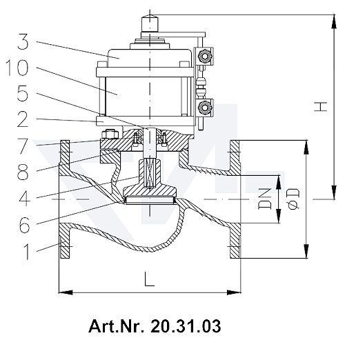 Клапан пневматический невозвратно-запорный фланцевый, с закрытием пружиной, длина в соответствии с DIN, GGG 40.3/CuSn 6 с аварийным управлением и 2 индикаторами положения тип 20.31.03 / 20.31.04