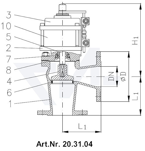 Клапан пневматический невозвратно-запорный фланцевый, с закрытием пружиной, длина в соответствии с DIN, GGG 40.3/CuSn 6 с аварийным управлением и 2 индикаторами положения тип 20.31.03 / 20.31.04