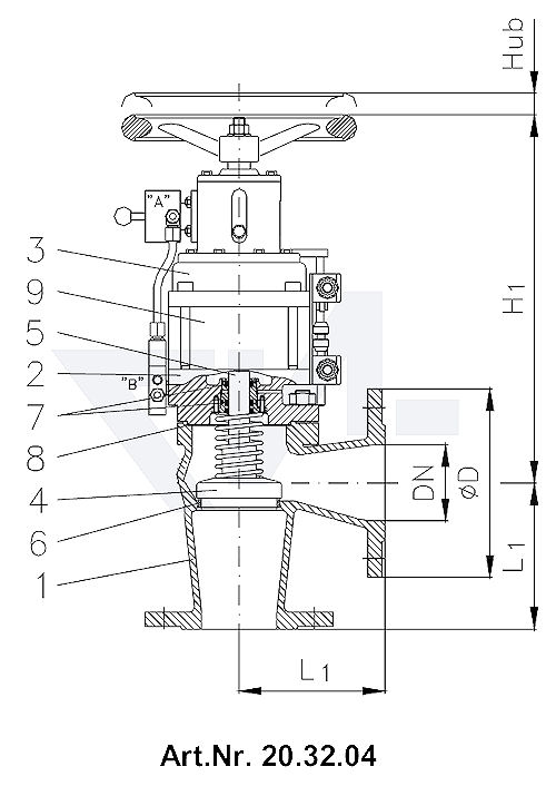 Клапан пневматический невозвратно-запорный фланцевый, с закрытием пружиной, длина в соответствии с DIN GGG 40.3/CuSn 6 с аварийным управлением, с наложенной быстрозапорной функцией и 2 индикаторами положения тип 20.32.03 / 20.32.04