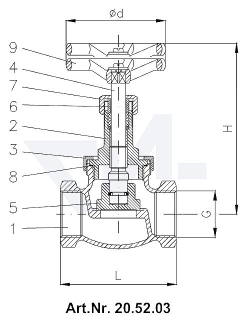 Клапан запорный муфтовый , Rg 5/SoMs 59 c контргайкой тип 20.52.03 / 20.52.04