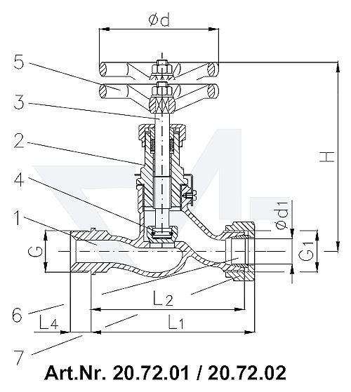 Клапан PN40 запорный штуцерный проходной DIN 86511, Rg 5/SoMs 59 штуцер под пайку медь (Cu) наружная резьба, врезное обжимное кольцо тип 20.72.01 / 20.72.02 с верхней частью устойчивой к морской воде без лат. внутренностей, Rg 5/CuSn 6