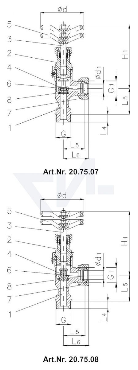 Клапан запорный штуцерный угловой DIN 86552, Сталь/нерж. сталь с врезным обжимным кольцом из стали Наружная резьба, врезное обжимное кольцо PN100 тип 20.75.07 / 20.75.08