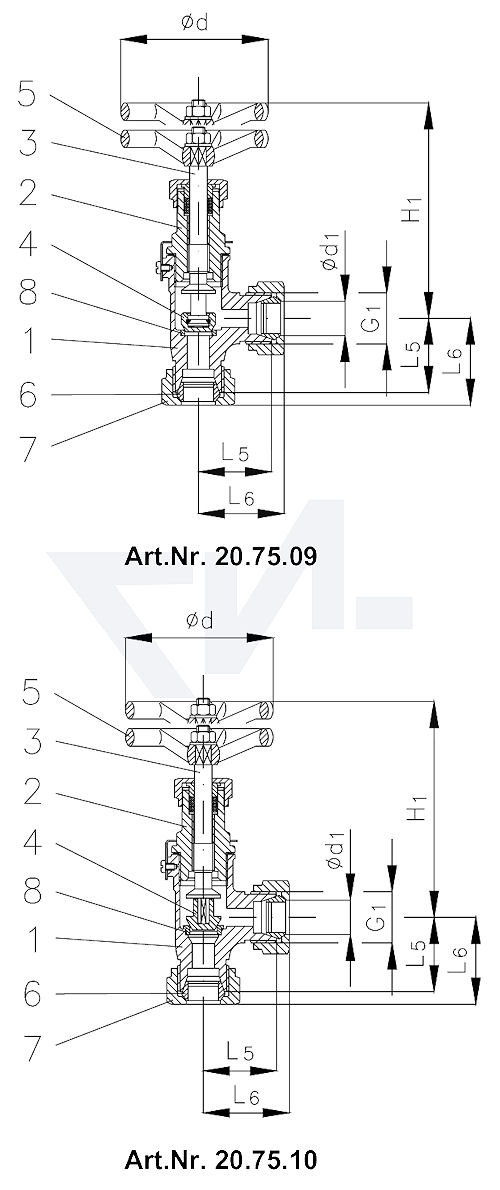 Клапан запорный штуцерный угловой DIN 86552, Сталь/нерж. сталь впуск и выпуск: врезное обжимное кольцо из стали тип 20.75.09 / 20.75.10