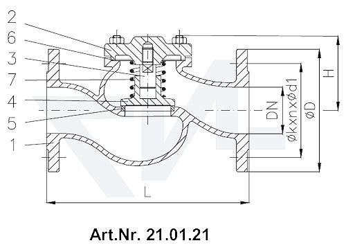 Клапан невозвратный фланцевый DIN 86253-01, GG 25/нерж. сталь с подпружиниванием тип 21.01.21