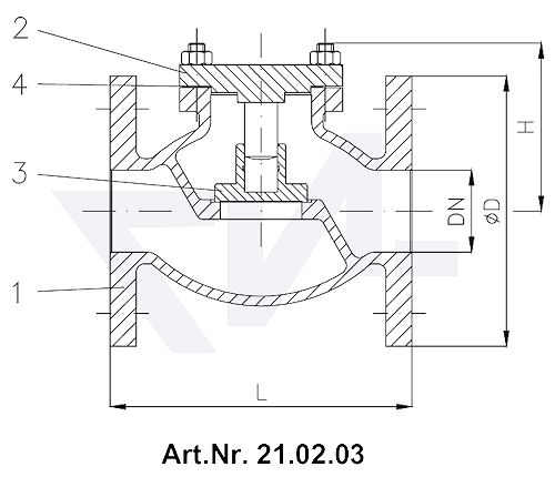 Клапан невозвратный фланцевый проходной Тип 1270/71-LK, Rg 5 с подсоединением крышки на фланец тип 21.02.03