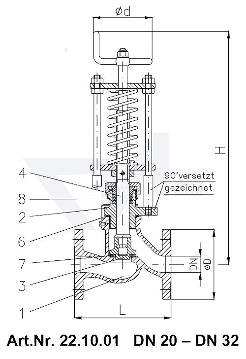Клапан отливной проходной фланцевыйVG-длина, Gbz 10/CuSn 6 со столбовой насадкой и пружинным нагружением, регулируемое давление открытия от 0,1-0,5 bar тип 22.10.01