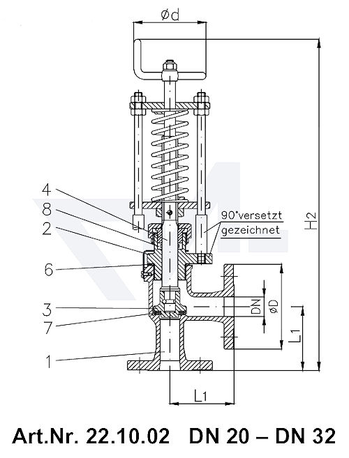 Клапан отливной угловой фланцевый VG-длина, Gbz 10/CuSn 6 со столбовой насадкой и пружинным нагружением, регулируемое давление открытия от 0,1-0,5 bar тип 22.10.02
