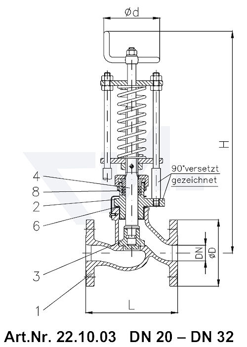 Клапан отливной проходной фланцевыйVG-длина, Gbz 10/CuSn 6 со столбовой насадкой и пружинным нагружением, регулируемое давление открытия от 0,1-0,5 bar тип 22.10.03
