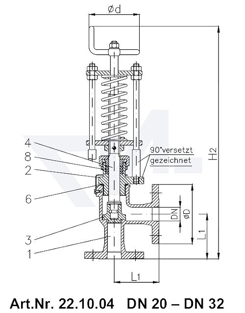 Клапан отливной невозвратно-запорный фланцевый короткой модели, Rg 5/SoMs 59 со столбовой насадкой и пружинным нагружением, регулируемое давление открытия от 0,1-0,5 bar тип 22.02.04