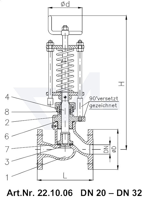 Клапан отливной невозвратно-запорный проходной фланцевый VG-длина, Gbz 10/CuSn 6 со столбовой насадкой и пружинным нагружением, регулируемое давление открытия от 0,1-0,5 bar тип 22.10.06