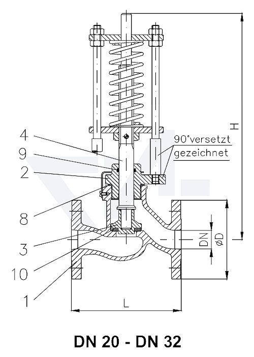 Клапан предохранительный проходной фланцевый VG-длина тип C, Gbz 10/CuSn 6 с мягким уплотнением, сальник: NBR тип 23.03.01