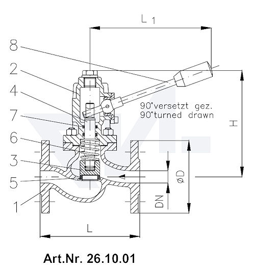 Клапан самозапорный, с пружинным нагружением DIN-длина, GGG 40.3 / Нерж. сталь тип 26.10.01