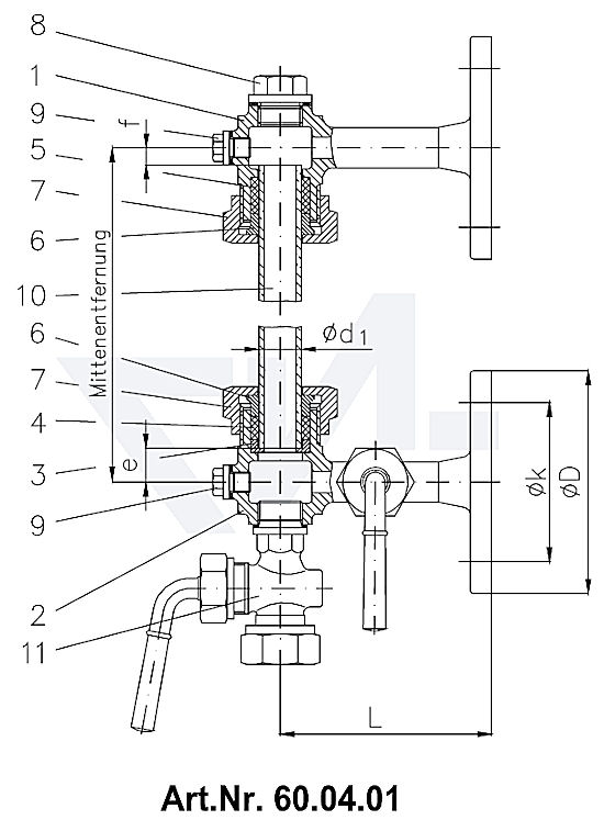 Арматура указателя уровня жидкости с фланцевым крепежом, Rg 5 с запирающимся краном, с уплотнением трубки, с пробивной пробкой тип 60.04.00 / 60.04.01 / 60.04.05 / 60.04.06 / 60.04.07